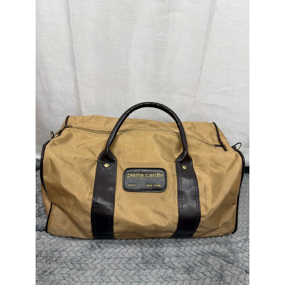 Pierre Cardin Vintage Duffle Bag Tan Nylon Brown Trim Weekender Travel Luggage